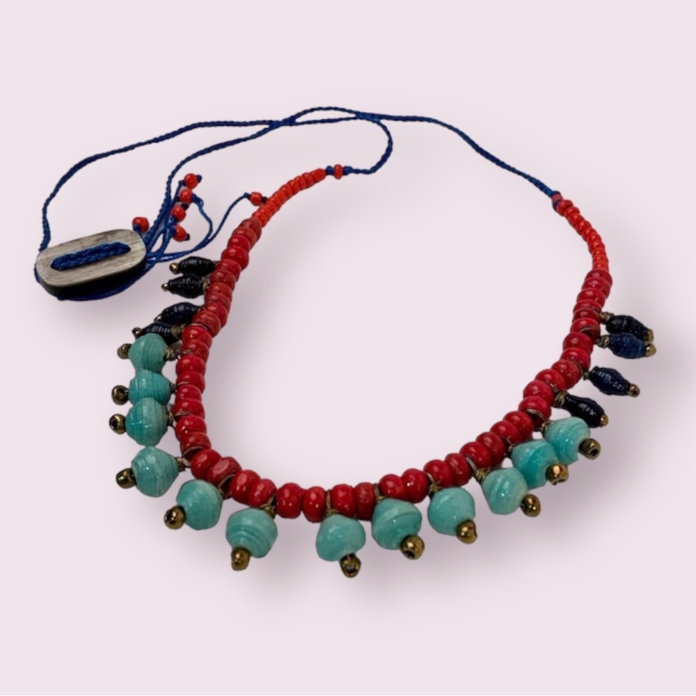 5 for $15 Noonday Paper Beaded Necklace Uganda Bright Teal Red-Orange Adjustable